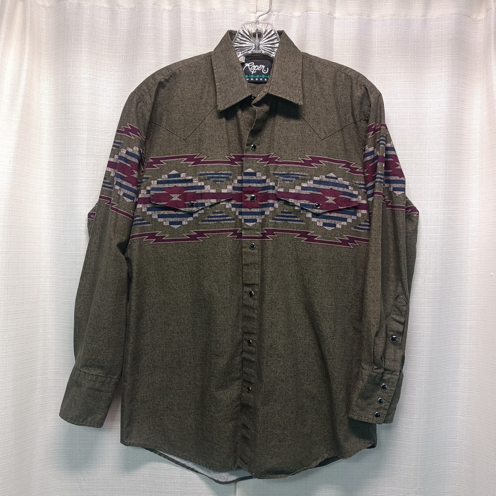 Vtg Roper Border Mens S Western Pearl Snap Shirt Aztec Geometric Olive Green USA - Picture 2 of 6